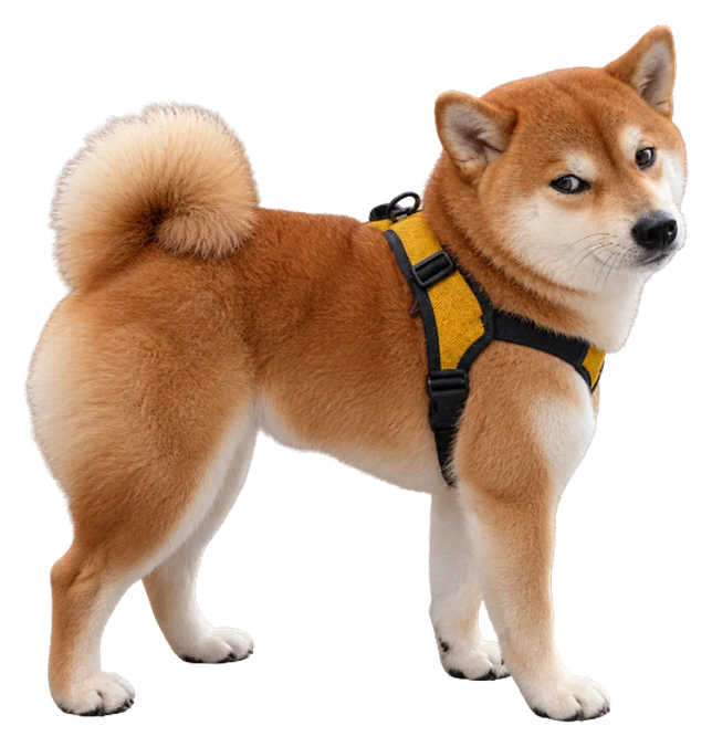 A Shiba Inu in a mustard harness, standing still and looking back over its shoulder