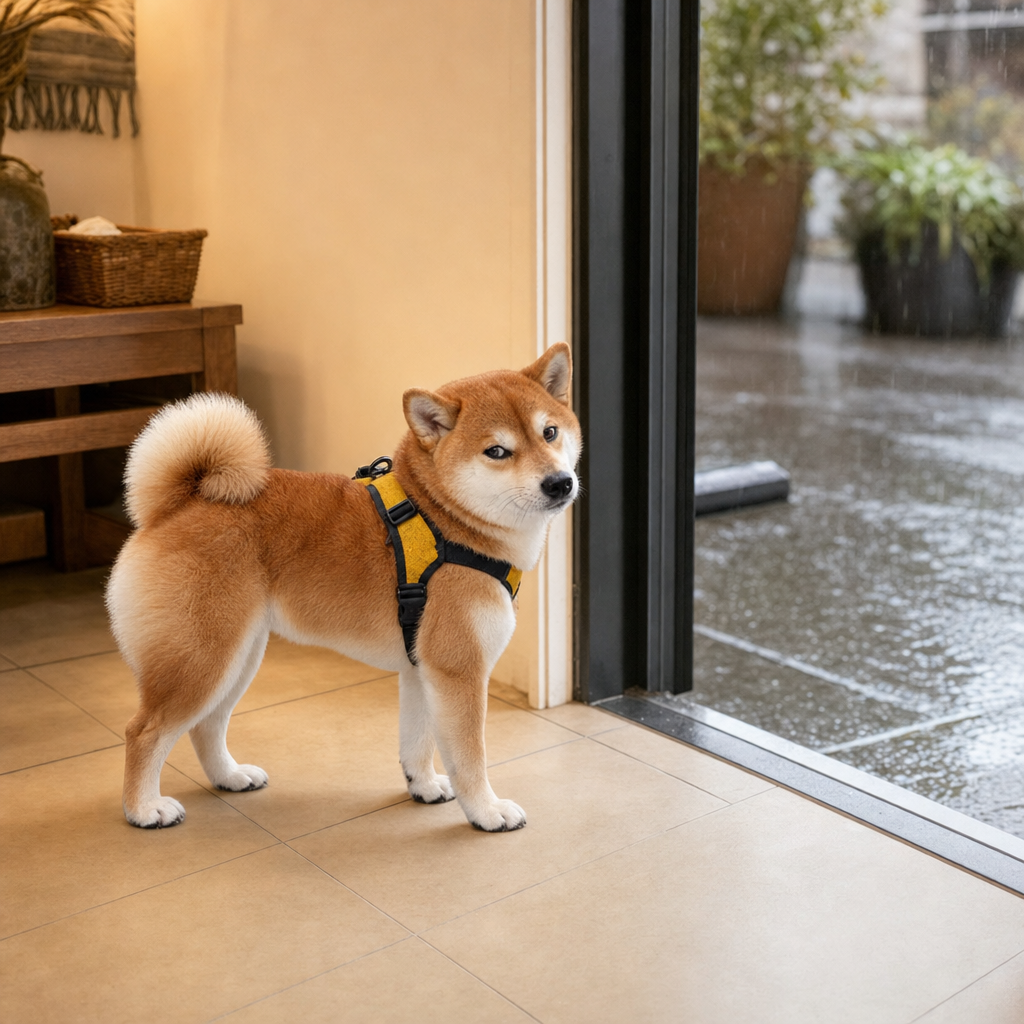 The Shiba Inu in its harness standing indoors at an open glass door, rain falling on the patio outside